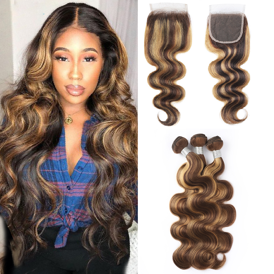 Highlight Brazilian Straight Hair 3 Bundles With Closures Free Part P4/27 Color Full Soft Dyeable