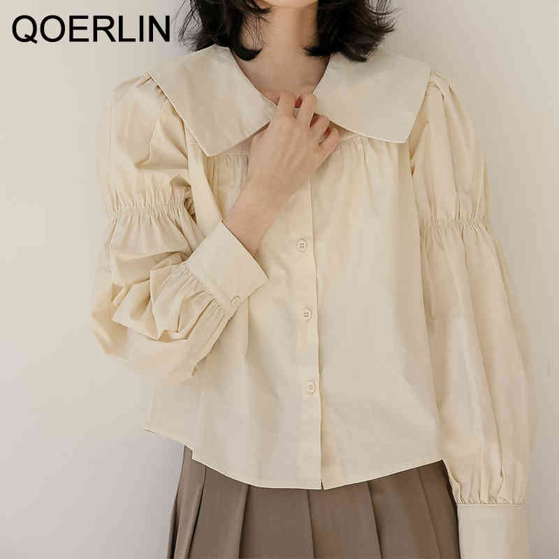 QOERLIN Square Collar Puff Sleeve Top Shirt Female Spring Long Sleeve Blouse Lantern Sleeve Solid Fashion SingleBreasted Tops 210412