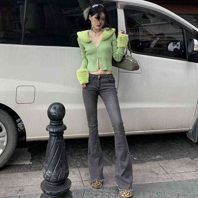 Streetwear Simple Jeans Women's Spring Autumn Low Waist Fashion Pocket Denim Mirco Flare Pants Female Tide 210427