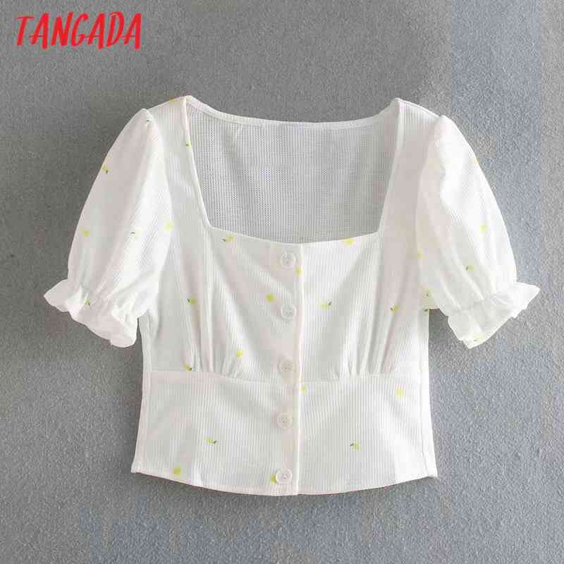 Women Retro Print Crop Square Collar Short Sleeve Summer Chic Female Slim Shirt Tops 3D43 210416