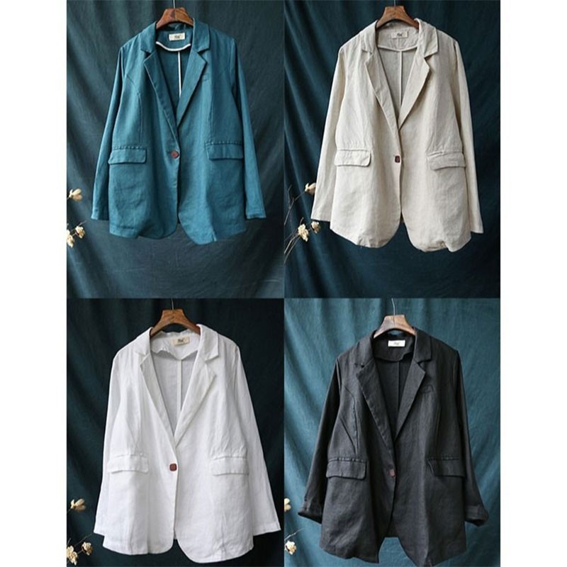 Arrival Spring Arts Style Women Long Sleeve Loose Casual Blazers Single Button 100% Linen Solid Blazer Femme Coat M278 210512