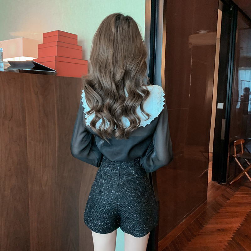 High Quality Spring Women Office Wear Two Piece suit Bow tie chiffon Perspective Long Sleeve Blouse+Tweed short pants set 210519