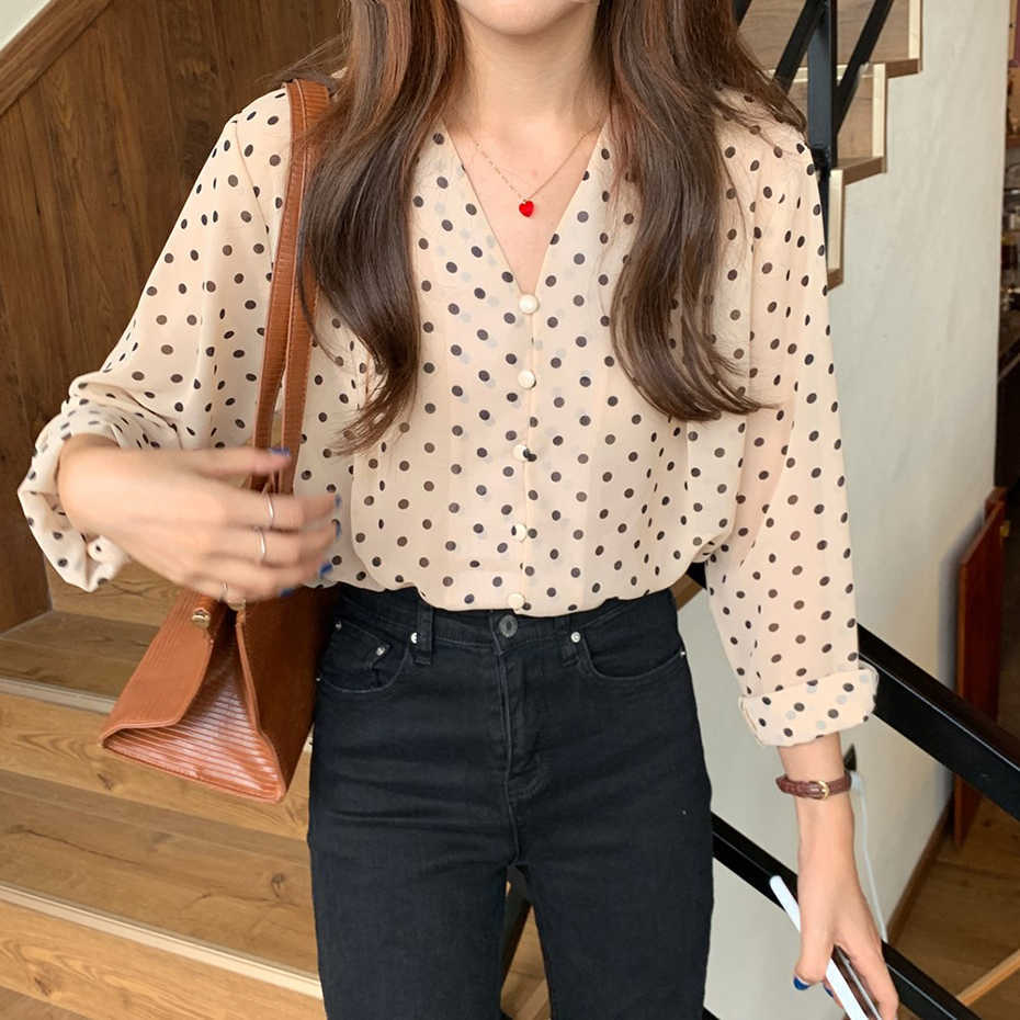 Women Long Sleeve Shirts Fashion Polka Dot Chiffon Shirt Womens Tops Blouses OL Transparent Blusa Mujer White Blouse 210601