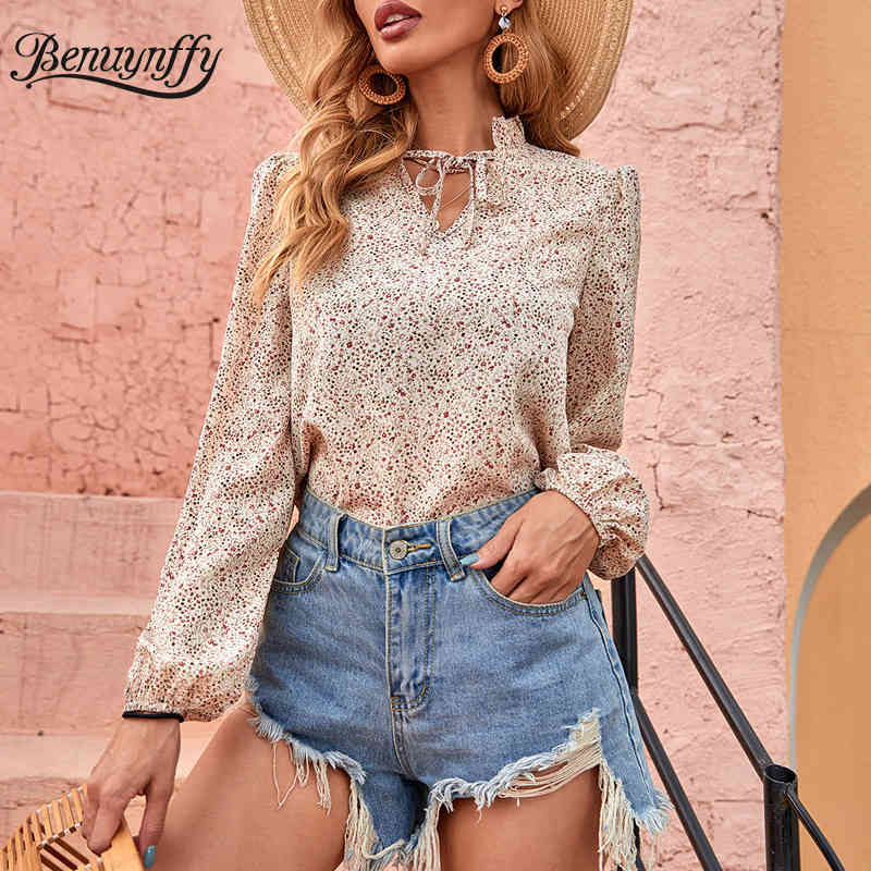 Tie Neck Long Sleeve Women Blouses Tops Spring Summer Korean Fashion Puff Ladies Casual Print Blouse 210510