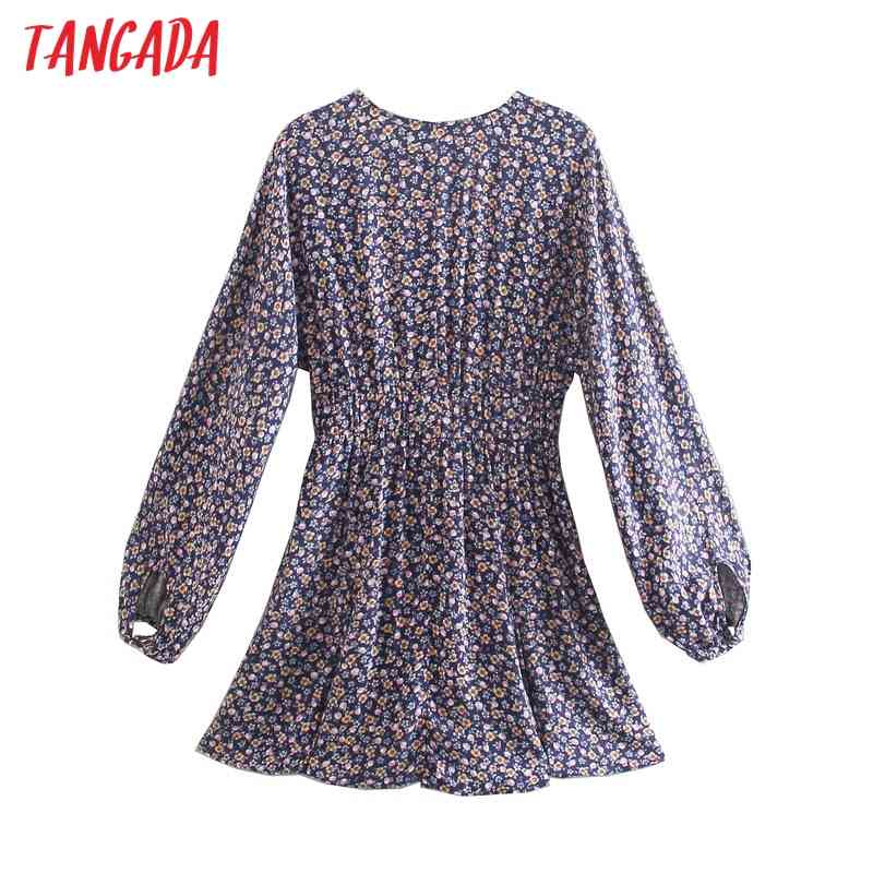 Fashion Women Purple Flowers Print V Neck Long Sleeve Ladies Casual A-line Dress 5Z67 210416