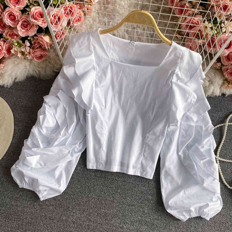 Nomikuma Korean Square Collar Slim Short Blouse Ruffle Pleated Puff Long Sleeve Tops Spring New Sweet Blusas Shirt 6G337 210427