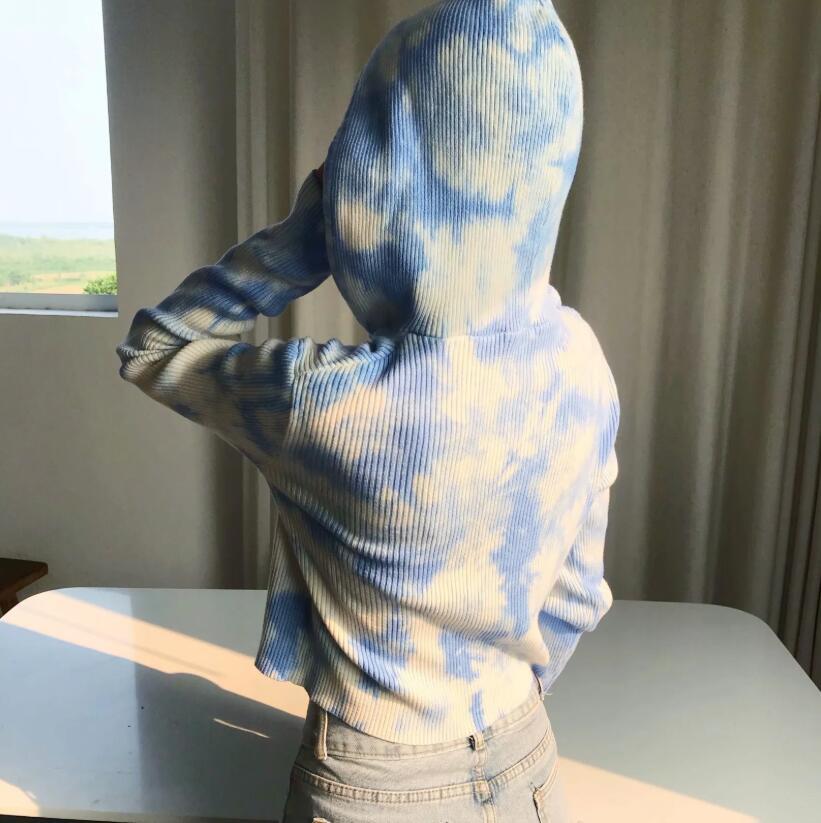 Women Gradient tie-dye Zipper Hooded Cropped Cardigan Sweater Vintage Knitted Exposed navel Short Knitwear Long sleeve Jumper 210429