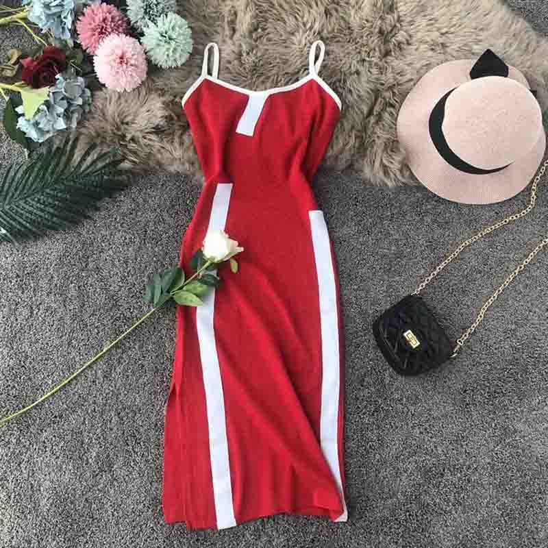 Vintage Women Dress Summer Stripe Splice Slim Sexy Knitted Dress Sleeveless Spaghetti Strap Split Bodycon Dress Vestido 210521