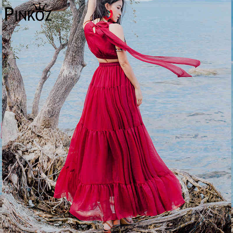 Bohemia Halter-neck Vest Boho Pleated Red Chiffon Beach Long Dress Women Floral Embroidery Elegant Ruffle Sexy Maxi 210421
