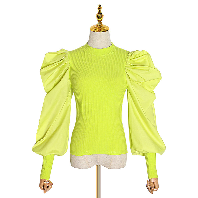 O Neck Chic Puff Long Sleeve Knit Patchwork Pullovers Spring Woman Tops Solid Elegant All-match Slim Fit Sweater 210519