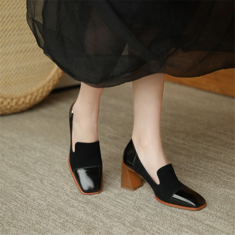 dress shoes spring/autumn new women retro square toe genuine leather women's pumps splicing kid suede chunky heel casual loafers d, Black 
dress shoes spring/autumn new women retro square toe genuine leather women's pumps splicing kid suede chunky heel casual loafers d, Black