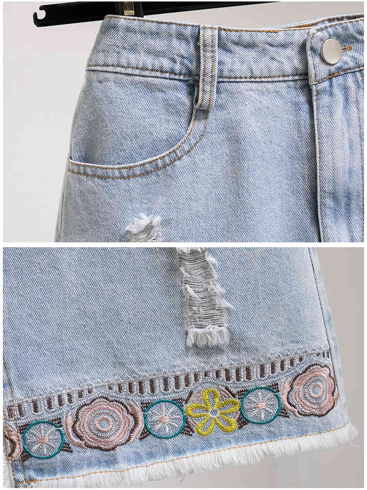 Korean Summer 2 Piece Set Fashion Plaid Ruffles Embroidery T-Shirt V-Neck Shirt Top + High Waist Denim Mini Skirts Suit 210519
