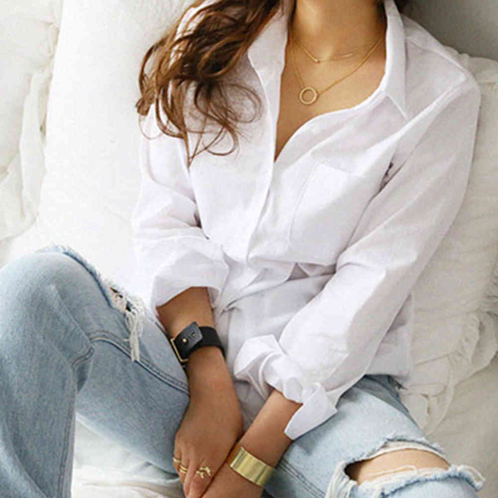 Women Casual White Long Sleeve Turn Down Collar Shirt Office Lady Elegant Single Breasted Pocket Shirts Loose Tops 210428