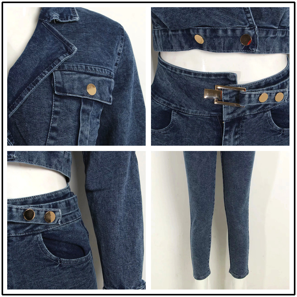 High Waist Button Denim Overalls 2 Piece Jumpsuit Female Long Sleeve V-Neck Sexy Celebrity Club 210525