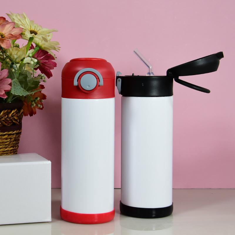 12oz Kids tumbler straight white blank sublimation Sippy Cups with flip top & silicone bottom One-click bounce cup for Children Student drinking water