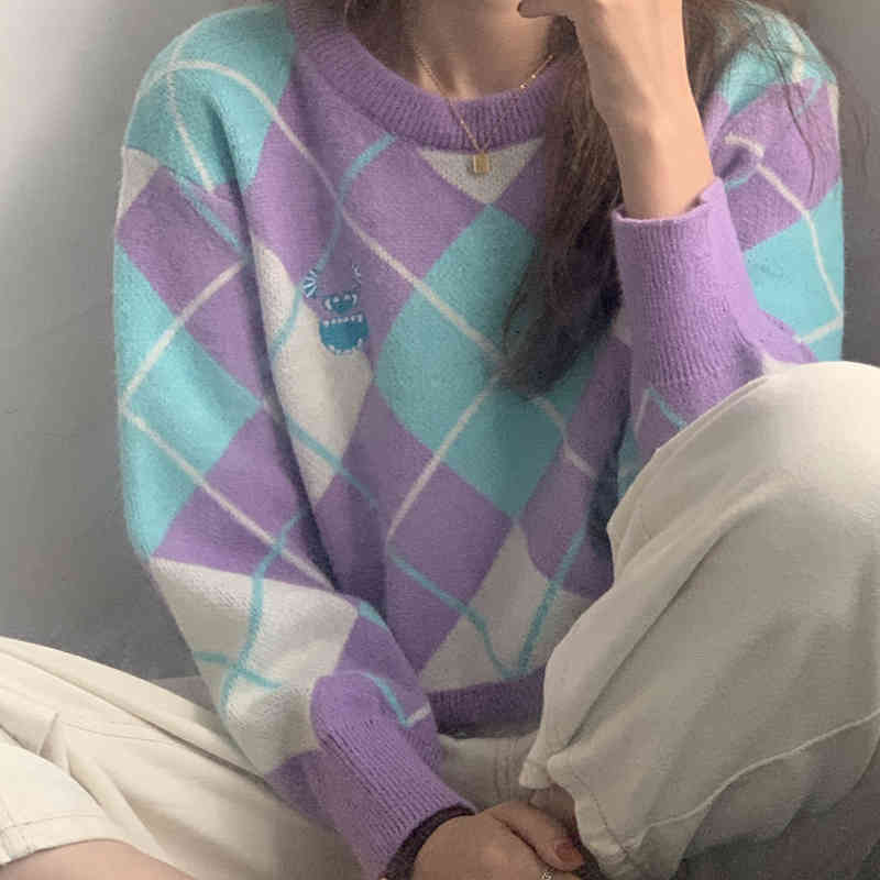 Women Cute Plaid Sweater Winter Autumn Korean Chic Knitting Jumper Female Pullover Casual Streetwear Sueter Mujer 210519