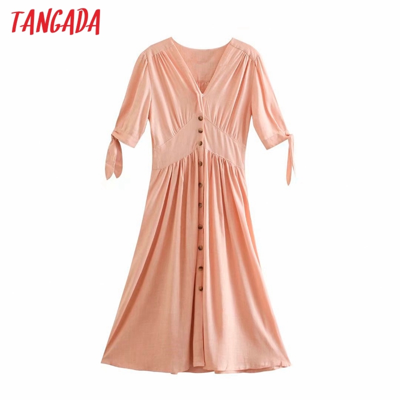 Summer Women Yellow French Style Bow Short Sleeve Ladies Midi Dress Vestidos 2R37 210416