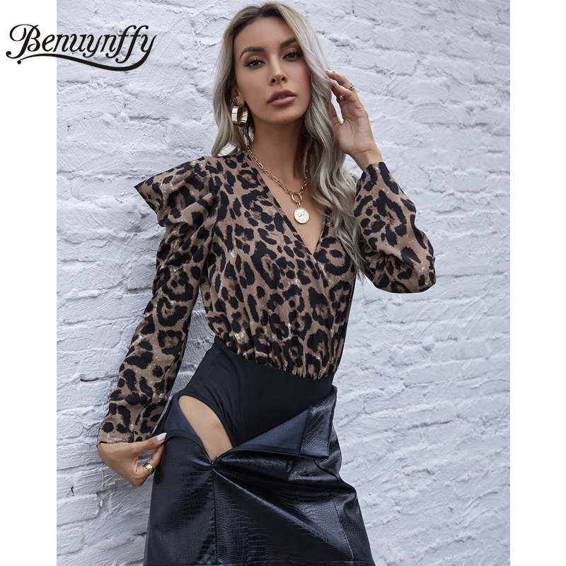 Surplice Neck Leopard Print Color Block Bodysuit Women Spring Puff Long Sleeve Ladies Highstreet Sexy Bodysuits 210510