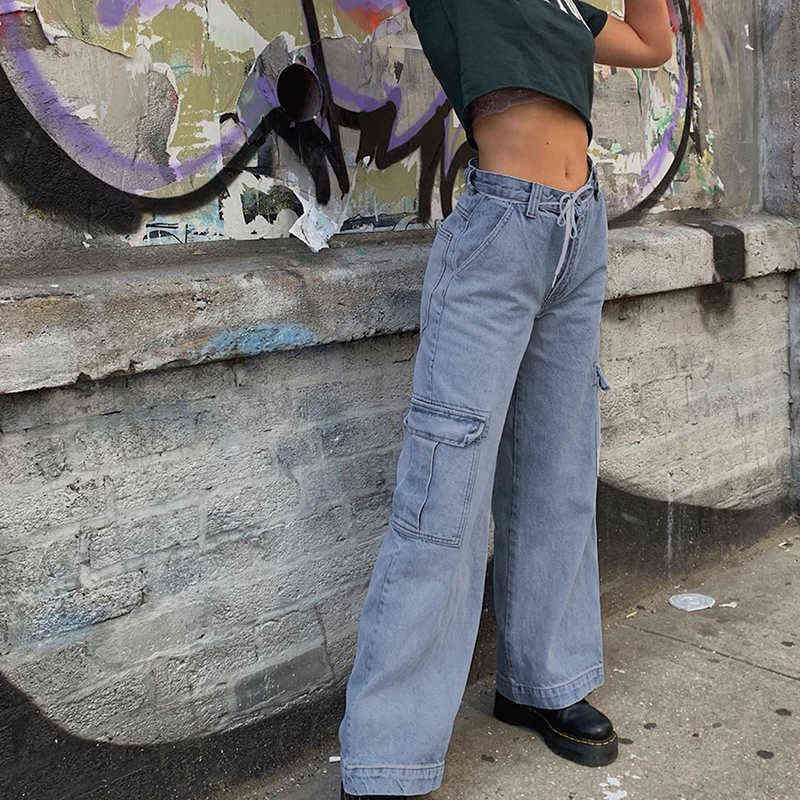 Weekeep Pockets Patchwork High Waist Jeans Women Streetwear Straight Jean Femme Blue 100% Cotton Cargo Pants 211112