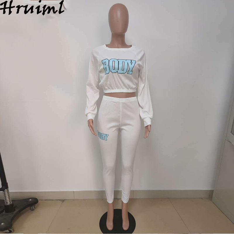 Tracksuit Women 2 Piece Set Letter Print Long Sleeve Crop Top Elastic Waist Pants Sets Casual Outfits Fashion Sweat Suits 210513