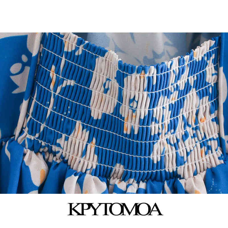 Women Chic Fashion Floral Print Pleated Mini Dress Puff Sleeves Backless Elastic Female Dresses Vestidos 210420