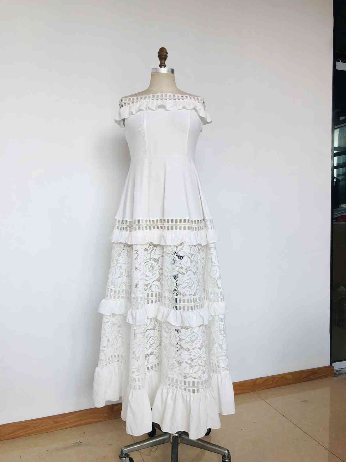Women Dress Temperament Lace Slash Neck Off Shoulder Hollow Out Maxi es Large Hem Plus Size Summer es 210524