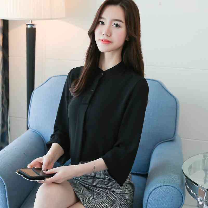 fashion autumn women blouse Korean style collar snow chiffon office lady long puff sleeve blusa 0902 40 210506