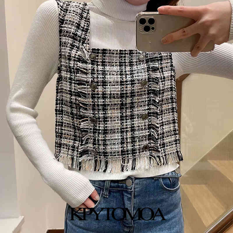 Women Fashion With Frayed Trim Tweed Check Waistcoat Square Collar Sleeveless Female Vest Coat Chic Tops 210420