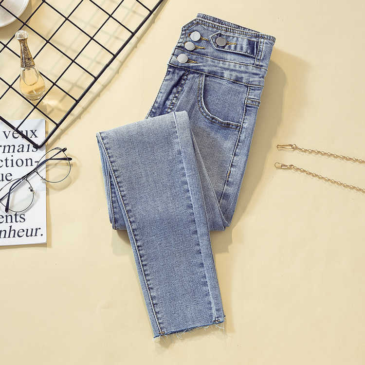 Women's jeans summer high waist slim was tall and thin versatile light blue tight feet pants 210922