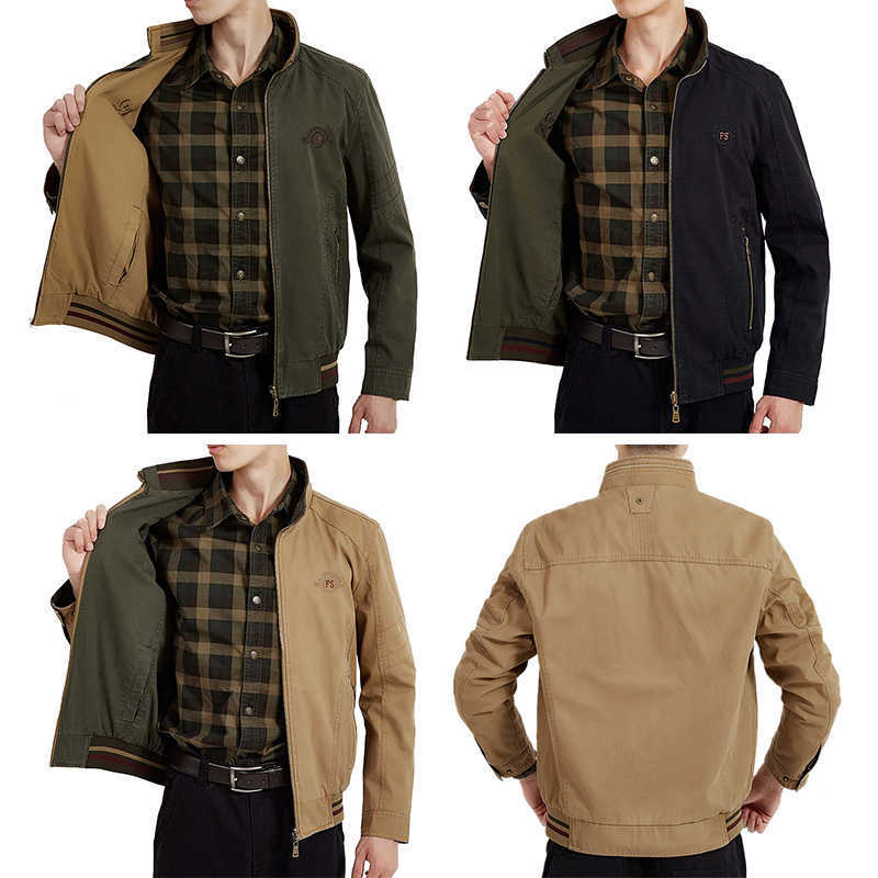 Spring Autumn Europe Middle Aged Men's Double-Sided 100% Cotton Casual Father Style Khaki Jacket Coat Man Black blue Coats 210818