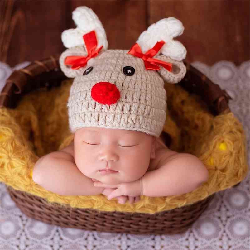 Christmas Deer born Cartoon Crochet Knitted Bowknot Baby Hat Pography Props 0-2 Month 210521