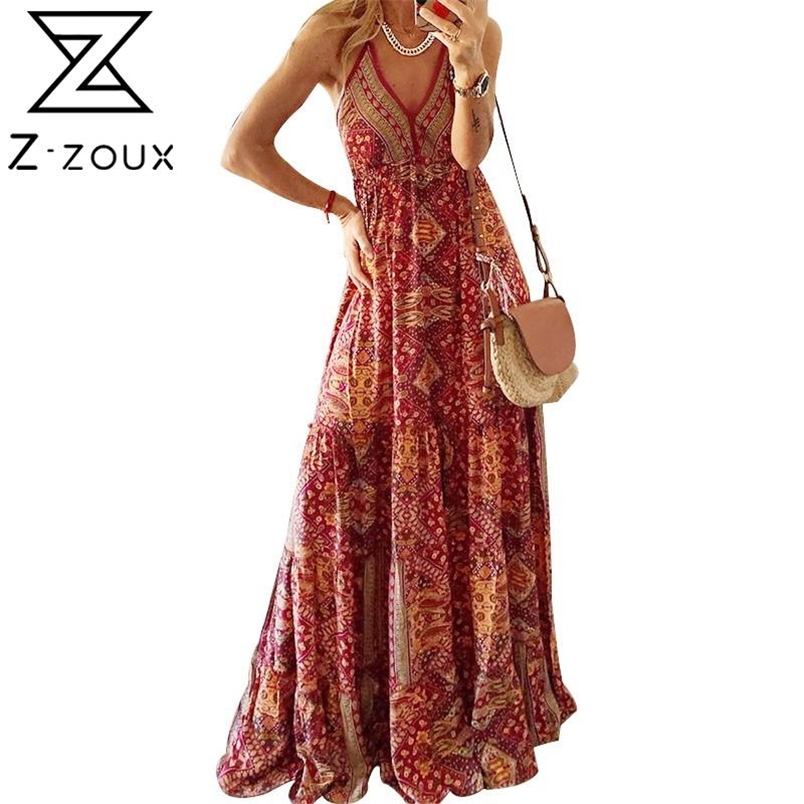Women Dress Deep V Neck Sleeveless Floral es High Waist Big Swing Bohemia Sexy Long Print Maxi es 210513