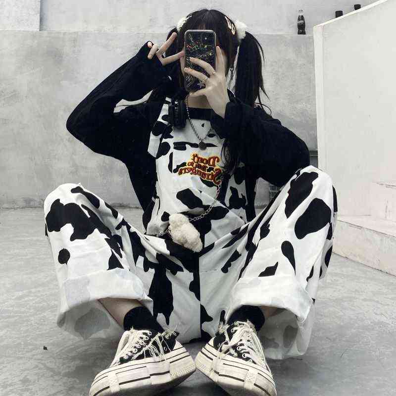HOUZHOU Hippie Cow Print Jumpsuits Harajuku Patterned Trousers Korean Style Overalls Casual Baggy Wide Leg Pants Spring 211124