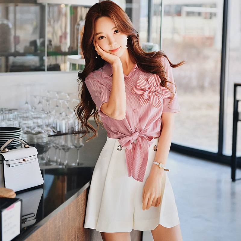 Dabuwawa Pink Solid Button Front Appliques Blouse Shirt Women Tops Short Sleeve Basic Blouses For Office Ladies DO1BST012 210520