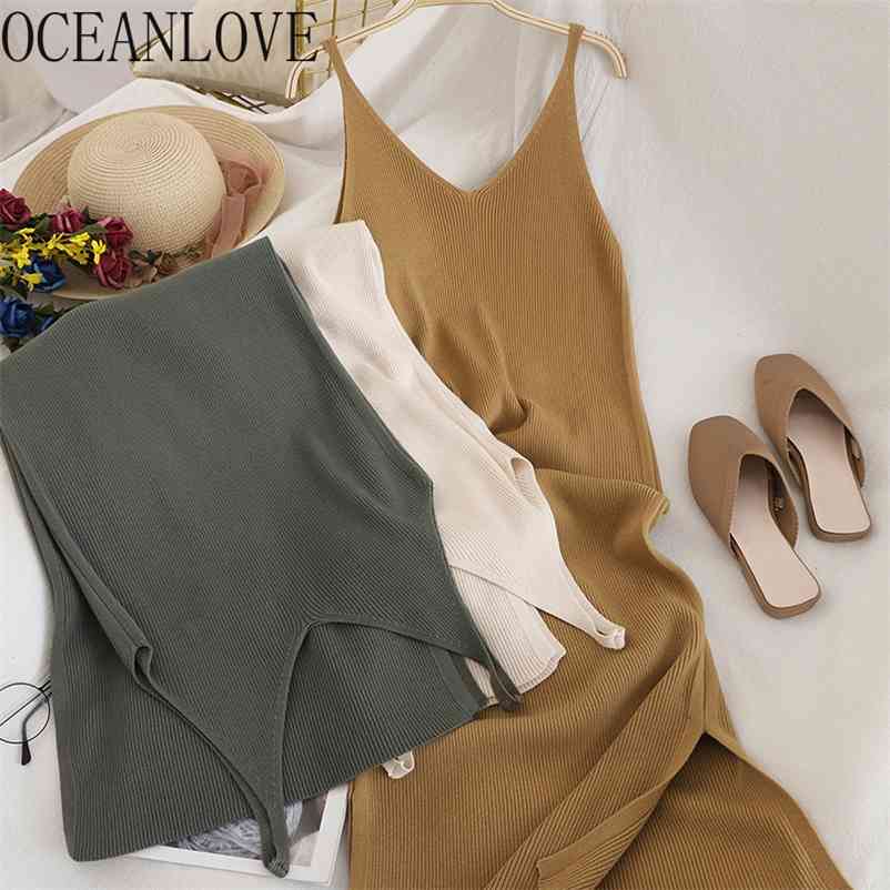 OCEANLOVE V Neck Solid Knitted Dresses Casual All Match Simple Fashion Korean Women Dress Elegant Vestidos New Clothes 15517 210409