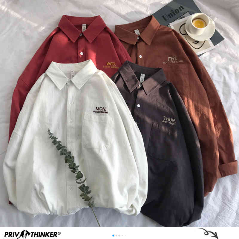 Privathinker Men Solid Shirt Long Sleeve Man Korean Fashions Monday Embroidery Shirt Male Streetwear Spring Women Shirts 210410