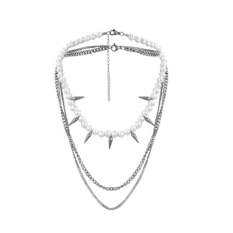 Chokers Three Layer Punk Rivet Pearl Beaded Choker Necklace Jewelry Men's