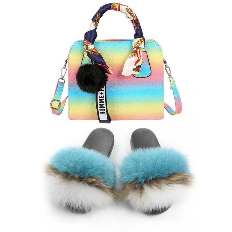 Women Shoes Real Fur Slides and Jelly Purse Set Exquisite Handbag ry Sandals Ladies Party Big with Bags 2107122