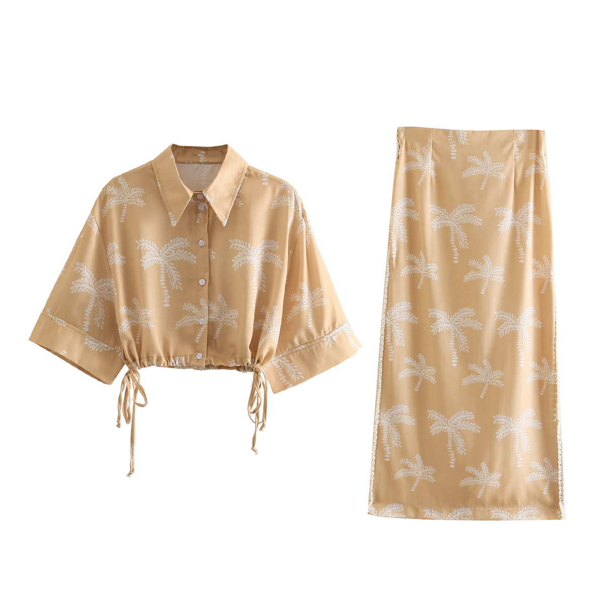 Holiday Style Printed Drawstring Short Waist Short Women's Shirt Tops + High Waist Bag Hip Female Skirt Suit 210507