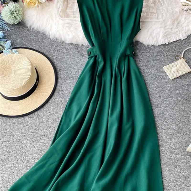 LY VAREY LIN Summer Solid Sleeveless High Waist Dress Sexy A-line O Neck Mid-Calf Women Party 210526
