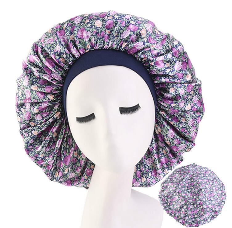 Large Print Satin Silky Bonnet Sleep Cap Width Elastic Band for Women Solid Color Head Wrap Lady Hair Accessories GC819