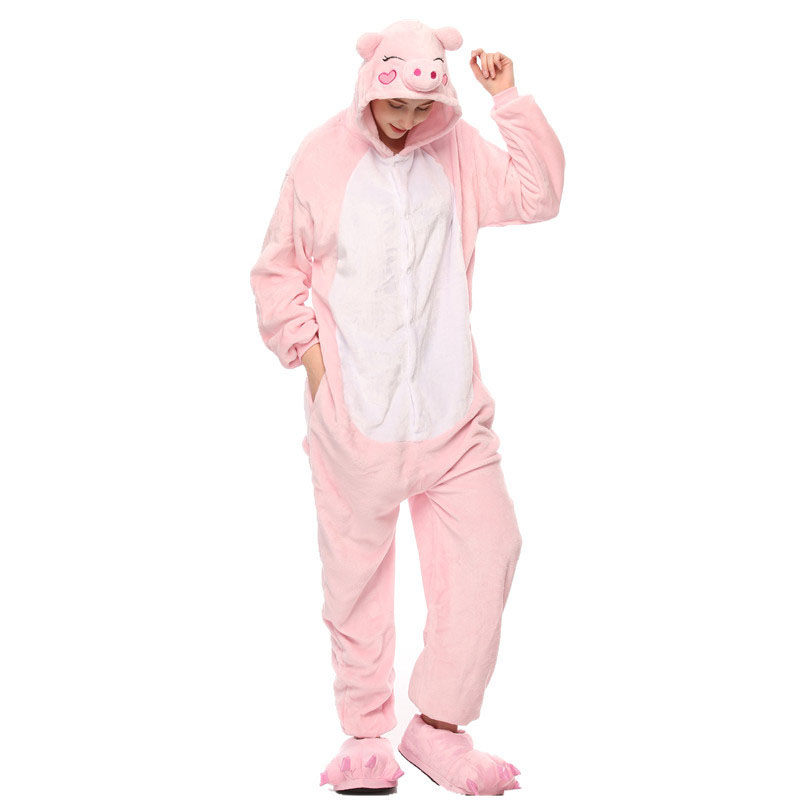 

Animal Kigurumis Onesies Sleepwear for Adult Cartoon Pink Pig Women Pajama Winter Homewear Jumpsuit Pajama Suit Woman Rompers, Black;white