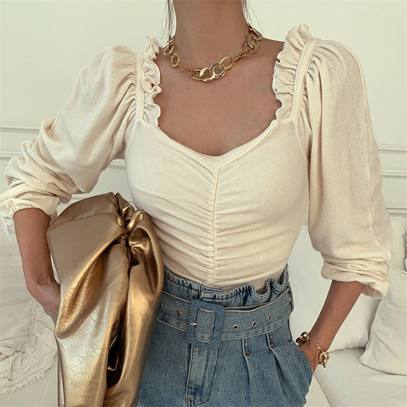 High Street Ruffles Pleated T-Shirts All Match Female Gentle Basic Chic Office Lady V-Neck Women Slim Tops 210421
