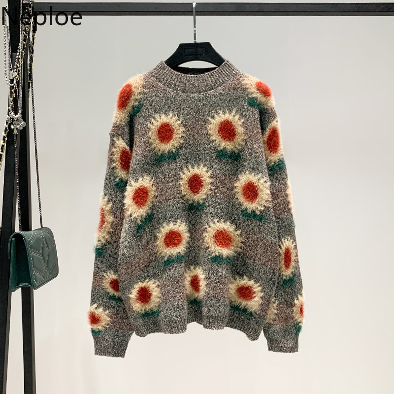 Neploe Vintage Woman Sweaters Jumper Chic Sweet Furry Sunflowe Knitted Pullovers Coat Women Oversized Outwear Pull Femme 4H168 210422
