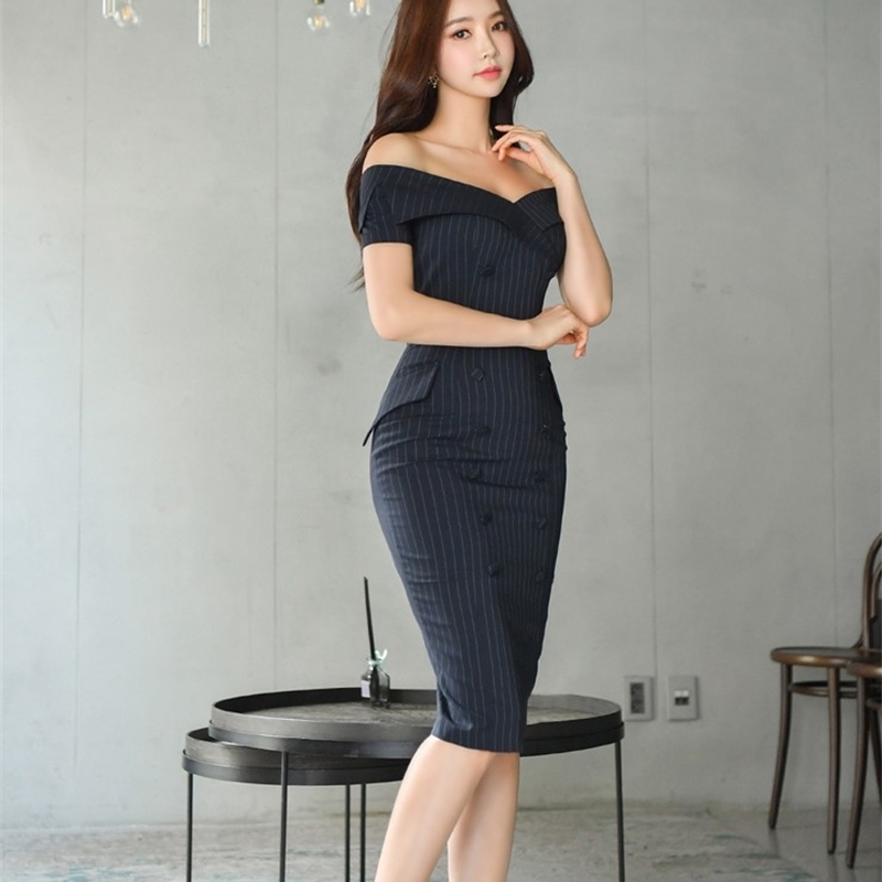 Temperament Elegant Sexy Slash Neck Stripe Pencil Dress Women Summer Office OL Work Double Breasted Bodycon Dresses Vestidos 210519