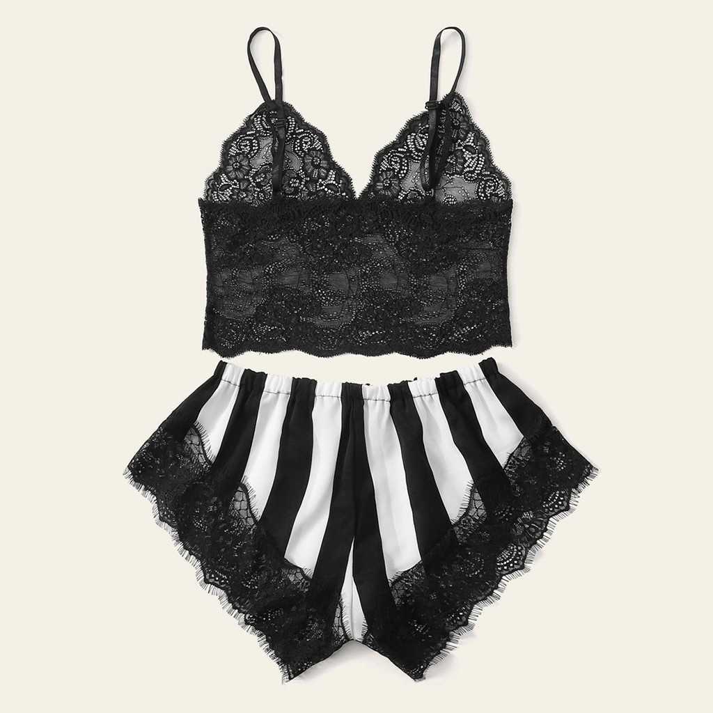 Pyjamas Women Sleepwear Women Lace Camisole Stripe Satin Shorts Set Bow Sleepwear Pajamas Lingerie Porn set Q0706