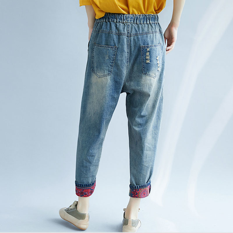 Arrival Spring Autumn Arts Style Cartoon Print Loose Casual Jeans Vintage Hole Cotton Denim Harem Pants Plus Size M583 210512
