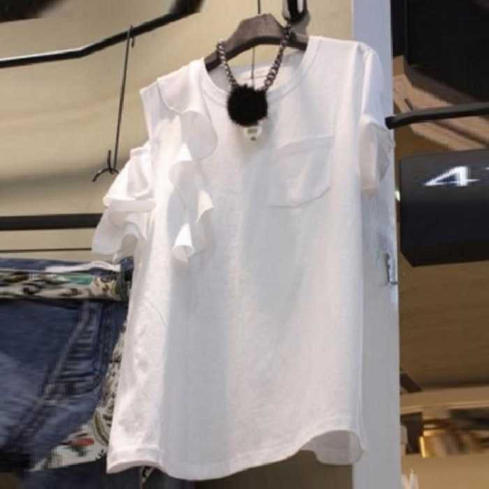 Spring Summer Ruffles Patchwork Off-the-shoulder Hollow Out Short-sleeved Solid White T-shirt Women's Tops 210615