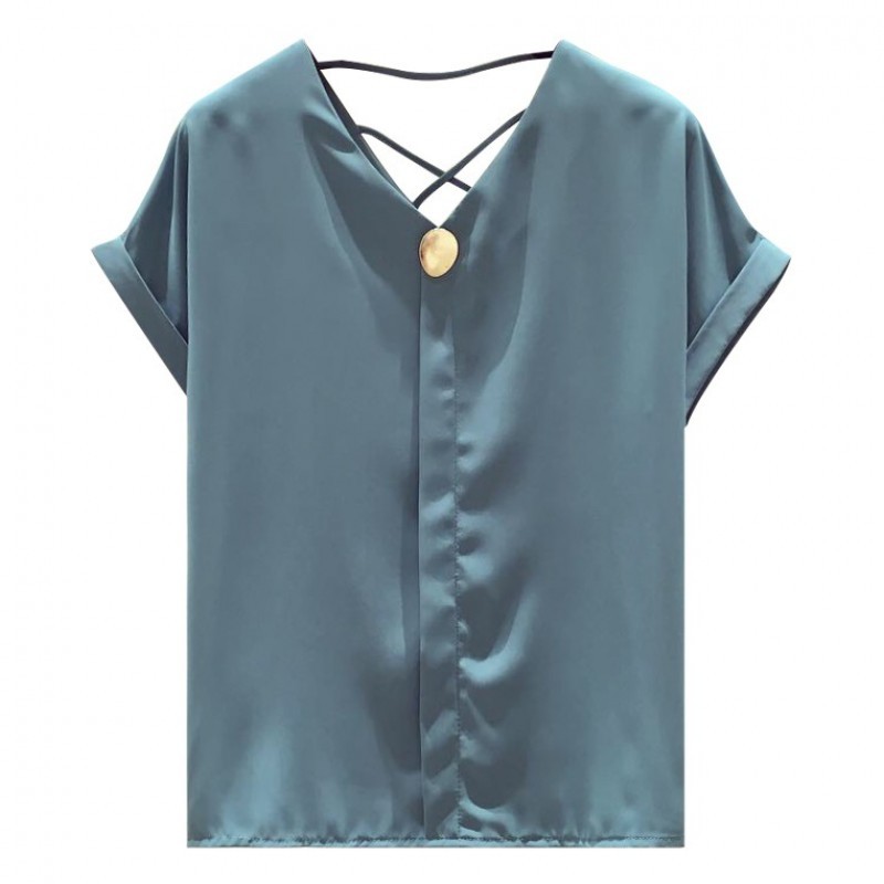 Summer Korean Solid V-neck Chiffon Blouse Blusas Mujer De Moda Short Sleeve Shirts For Women OL Clothes Blusa 9306 50 210415