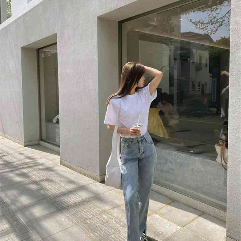High Waist Jeans For Women Vintage Long Denim Pants Female All-match Korean Style Casua Solid Straight Trousers 210922